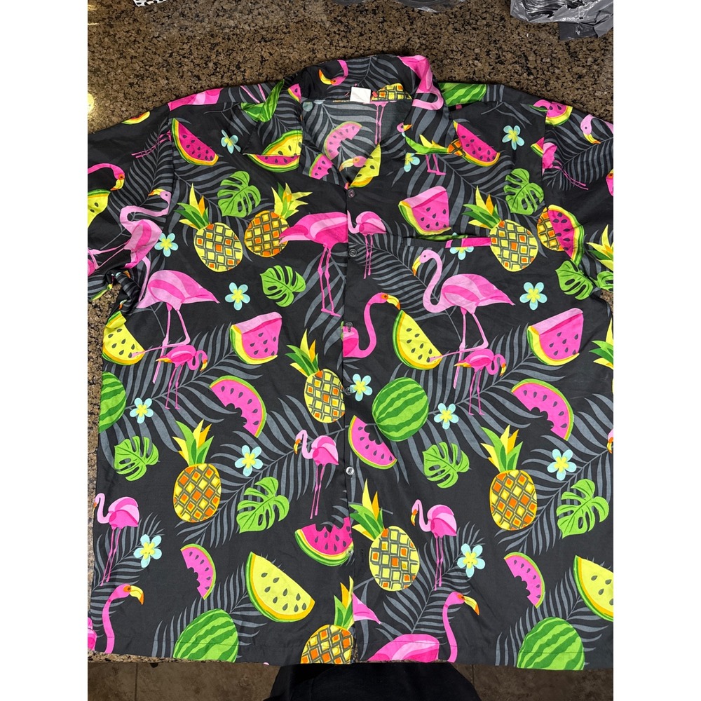 King Kameha Mens 5XL Hawaiian Shirt Flamingo Pineapple Watermelon Tropical Black